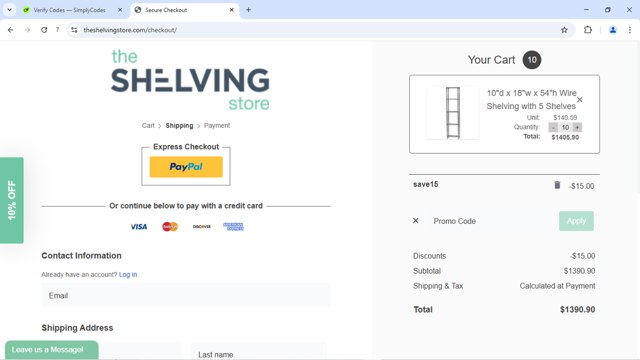 The Shelving Store checkout page showing The Shelving Store coupon code box | Screenshot taken by SimplyCodes community member on Jun 20, 2025