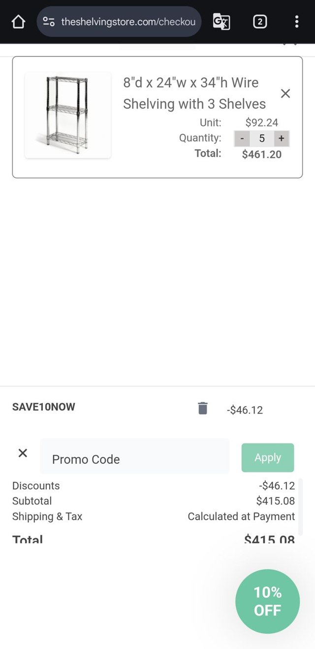The Shelving Store checkout page showing The Shelving Store coupon code box | Screenshot taken by SimplyCodes community member on Jun 20, 2025