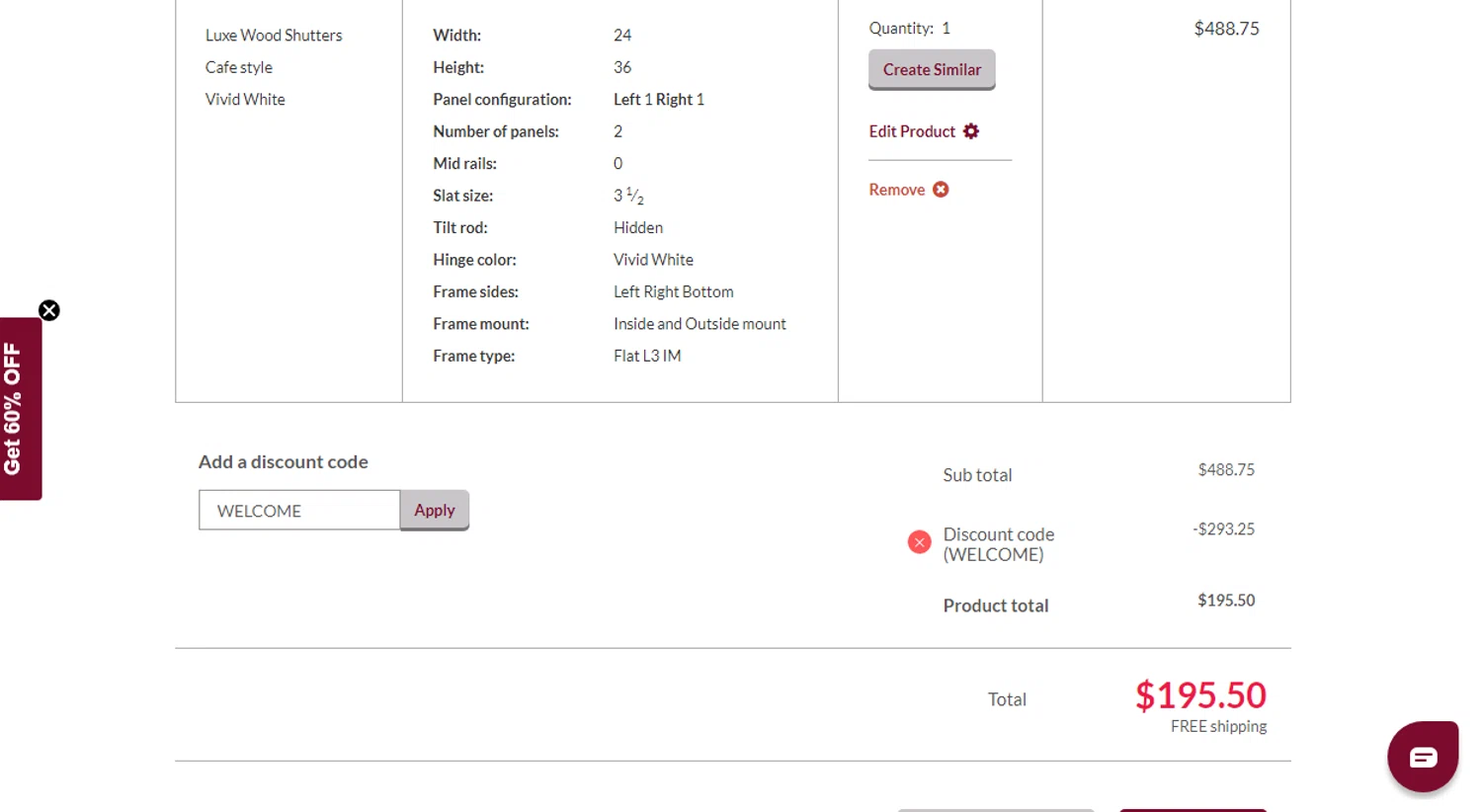 The Shutter Store US promo code screenshot showing code Welcome applied at The Shutter Store US checkout page. Uploaded by SimplyCodes community member SmartSaver7916 on Feb 19, 2026