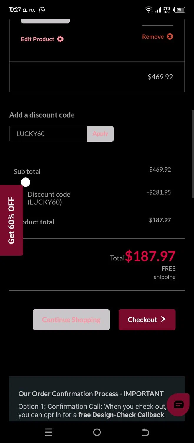 The Shutter Store US promo code screenshot showing code LUCKY60 applied at The Shutter Store US checkout page. Uploaded by SimplyCodes community member Pipina11 on Mar 18, 2026