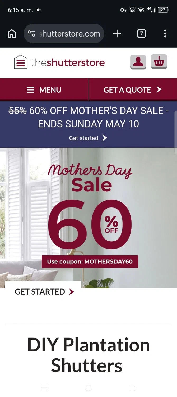 The Shutter Store US promo code screenshot showing code Mothersday60 applied at The Shutter Store US checkout page. Uploaded by SimplyCodes community member kellymoreno on May 7, 2026