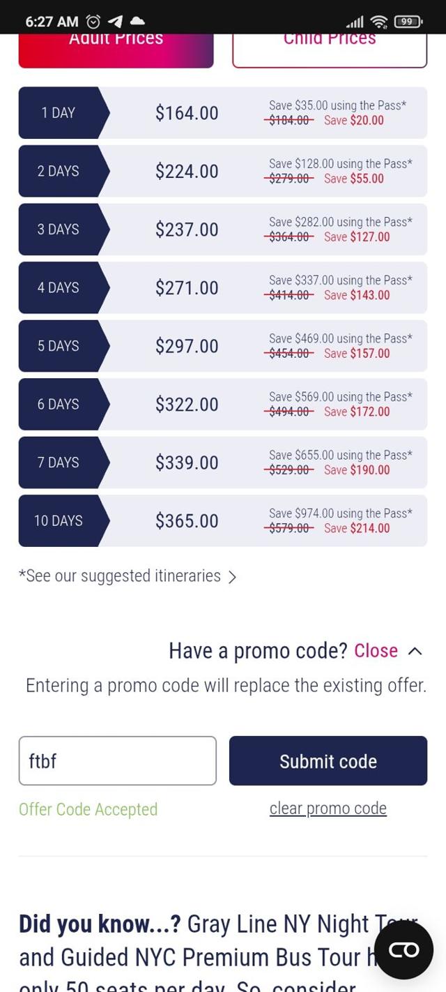 The Sightseeing Pass checkout page showing The Sightseeing Pass promo code box | Screenshot taken by SimplyCodes community member on Jun 13, 2025