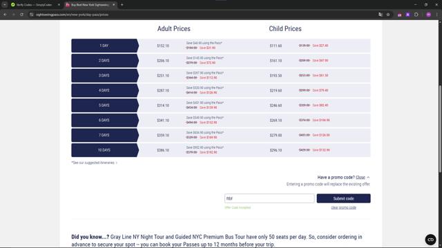 The Sightseeing Pass checkout page showing The Sightseeing Pass promo code box | Screenshot taken by SimplyCodes community member on Apr 16, 2025