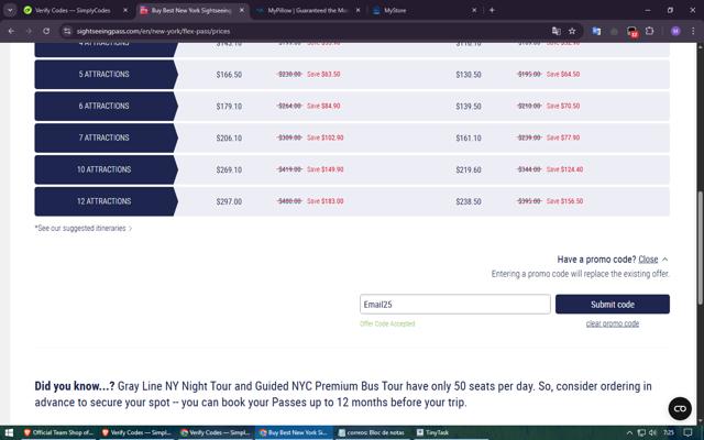 The Sightseeing Pass checkout page showing The Sightseeing Pass promo code box | Screenshot taken by SimplyCodes community member on Apr 16, 2025