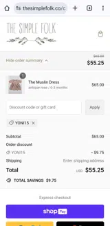 YONI15 coupon verification screenshot