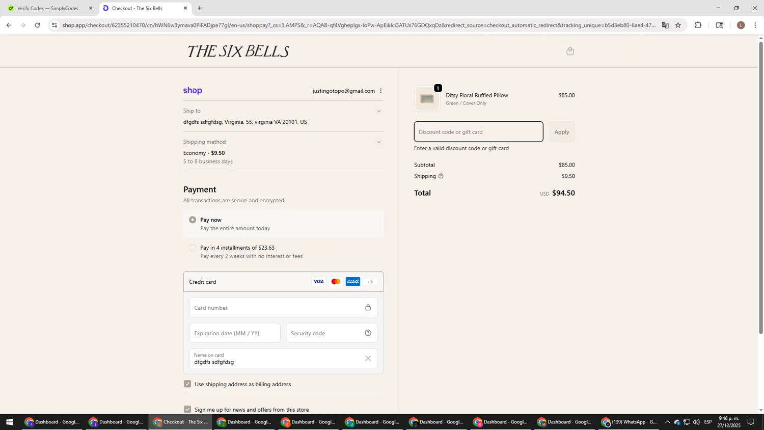 The Six Bells promo code screenshot showing code WELCOME10 applied at The Six Bells checkout page. Uploaded by SimplyCodes community member BENELLI on Dec 28, 2025