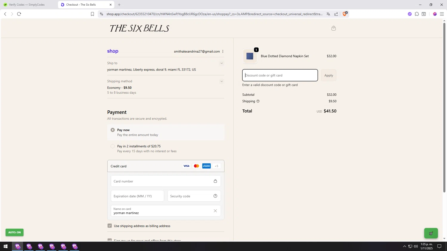 The Six Bells promo code screenshot showing code ADD11221 applied at The Six Bells checkout page. Uploaded by SimplyCodes community member INSECTOS on Nov 1, 2025