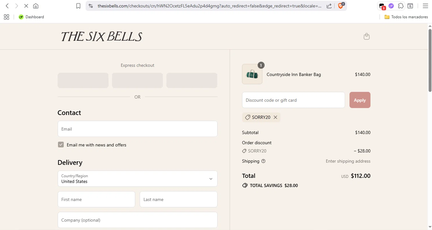 The Six Bells promo code screenshot showing code SORRY20 applied at The Six Bells checkout page. Uploaded by SimplyCodes community member Fabio05 on Aug 30, 2025