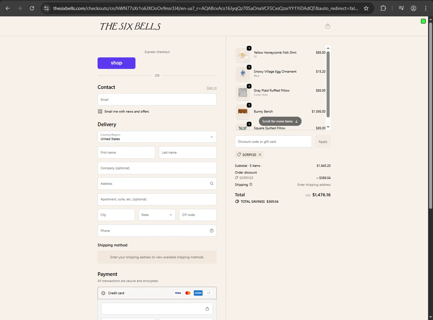 The Six Bells checkout page showing The Six Bells promo code box | Screenshot taken by SimplyCodes community member on Jan 2, 2026