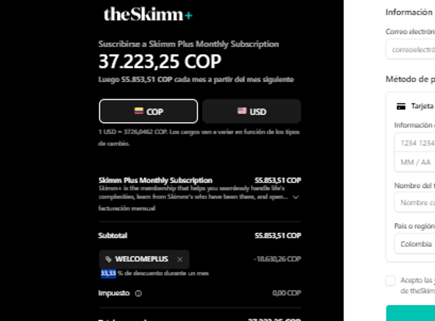 TheSkimm promo code screenshot showing code WELCOMEPLUS applied at TheSkimm checkout page. Uploaded by SimplyCodes community member TraxoGamer on Apr 18, 2026