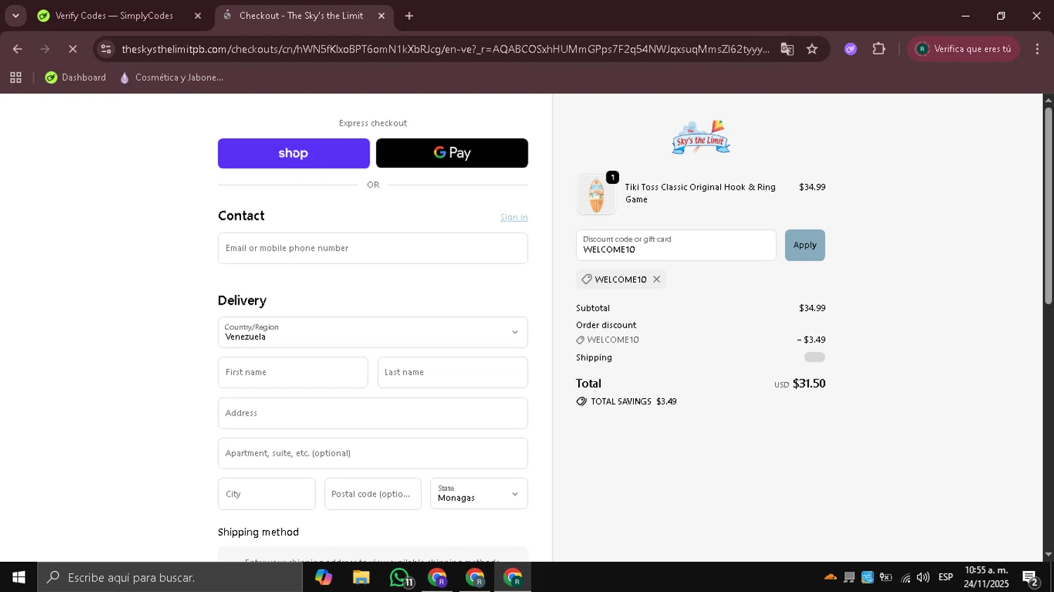 The Sky's the Limit promo code screenshot showing code WELCOME10 applied at The Sky's the Limit checkout page. Uploaded by SimplyCodes community member Coneflavols on Nov 24, 2025