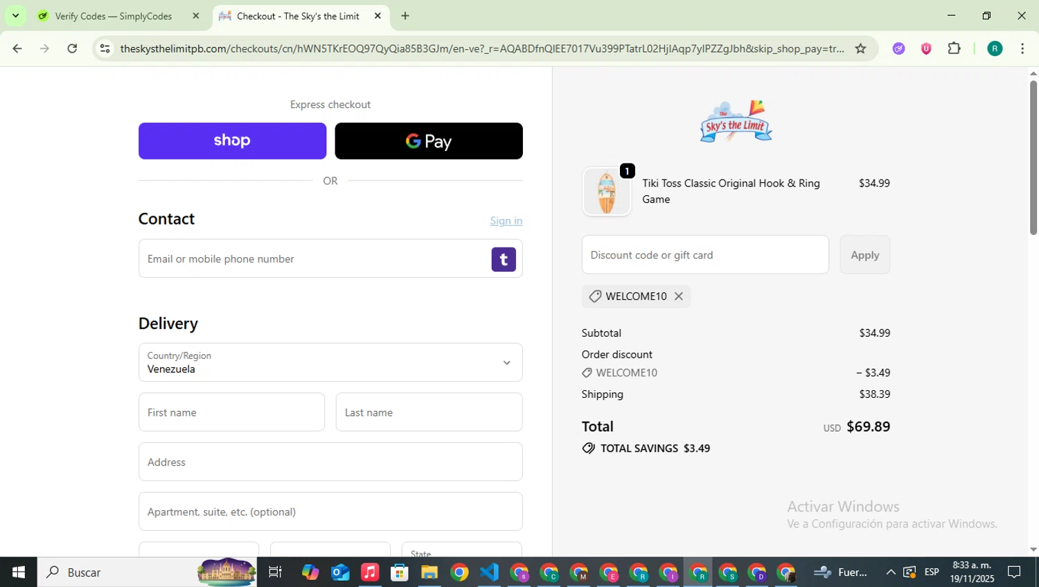 The Sky's the Limit promo code screenshot showing code WELCOME10 applied at The Sky's the Limit checkout page. Uploaded by SimplyCodes community member SavingsLegend387 on Nov 19, 2025