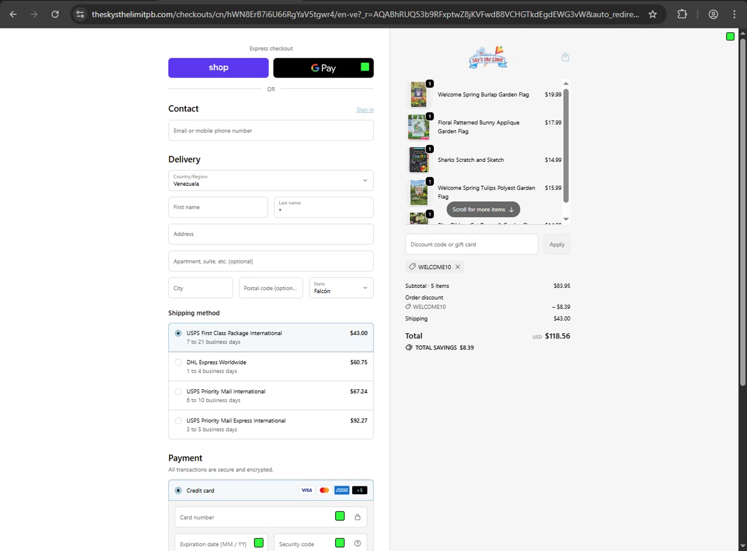The Sky's the Limit promo code screenshot showing code WELCOME10 applied at The Sky's the Limit checkout page. Uploaded by SimplyCodes community member milennyzarraga on Jan 31, 2026