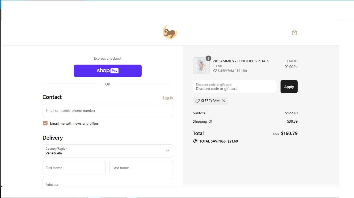 The Sleepy Sloth discount code screenshot showing code SLEEPYFAM applied at The Sleepy Sloth checkout page. Uploaded by SimplyCodes community member CarlaVale on Jul 6, 2025