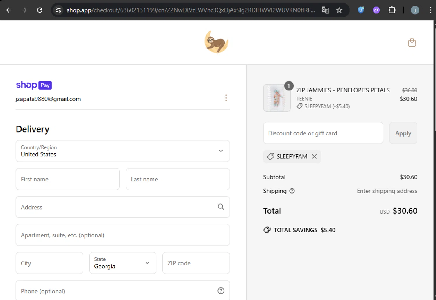 The Sleepy Sloth discount code screenshot showing code SLEEPYFAM applied at The Sleepy Sloth checkout page. Uploaded by SimplyCodes community member VictoriousCurator5776 on Jun 7, 2025
