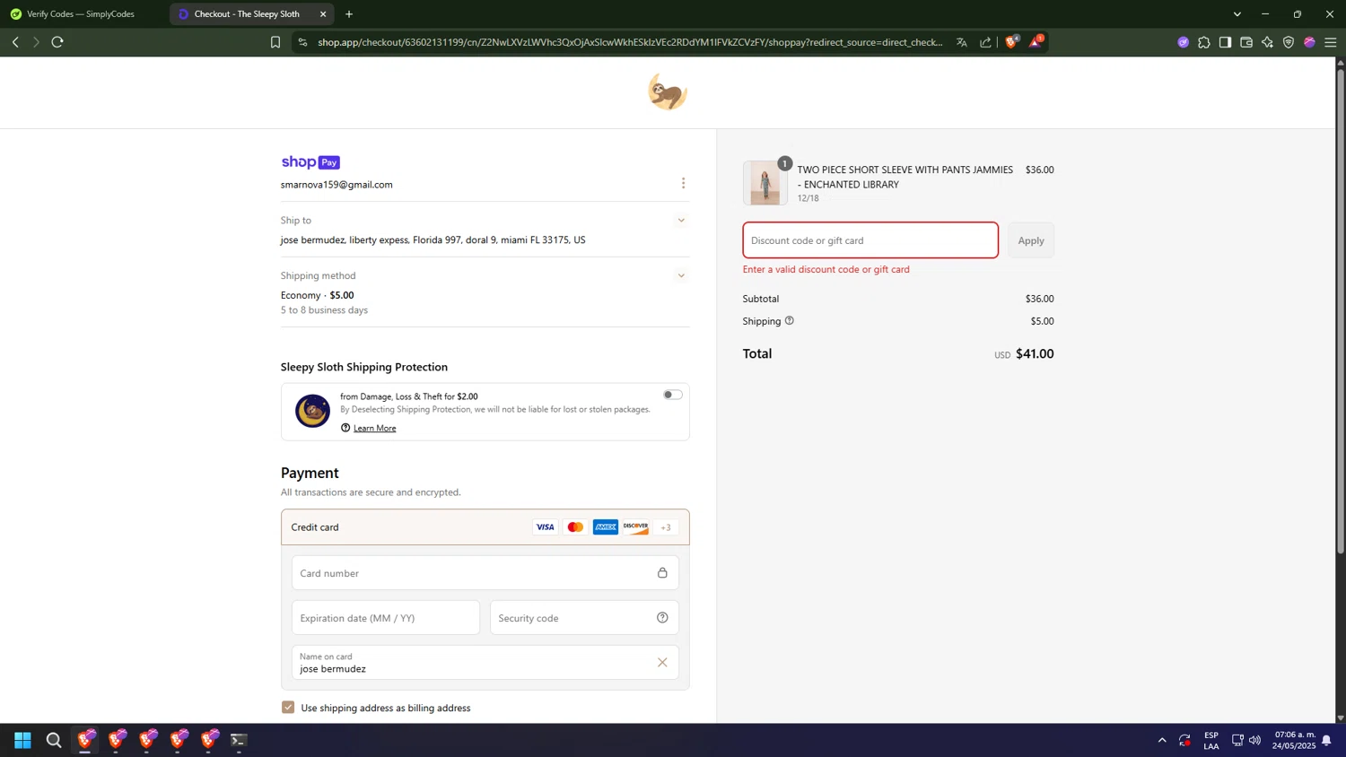 The Sleepy Sloth discount code screenshot showing code TSS10ALIX applied at The Sleepy Sloth checkout page. Uploaded by SimplyCodes community member buda2030 on May 24, 2025