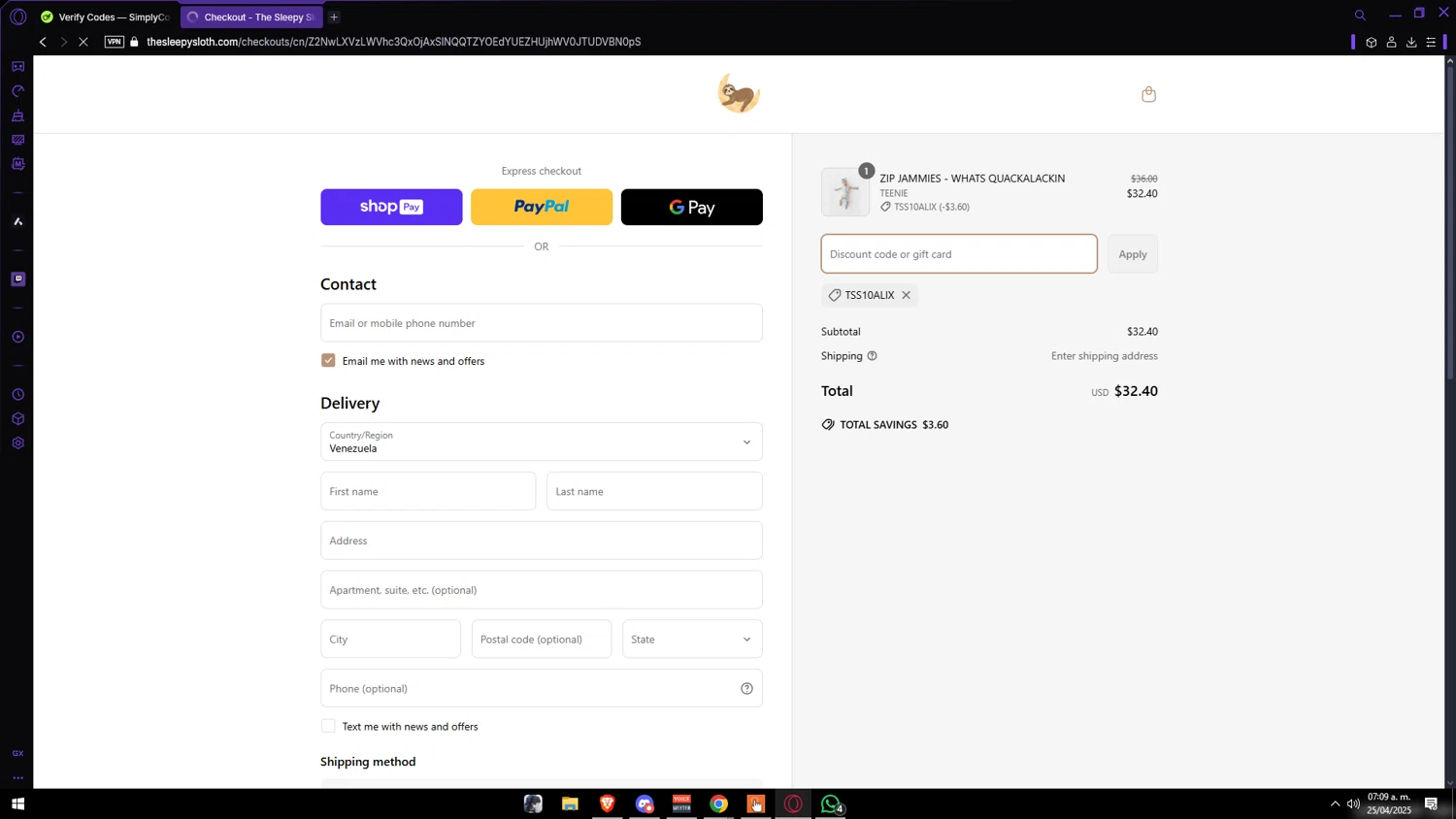 The Sleepy Sloth discount code screenshot showing code TSS10ALIX applied at The Sleepy Sloth checkout page. Uploaded by SimplyCodes community member Vipera on Apr 25, 2025