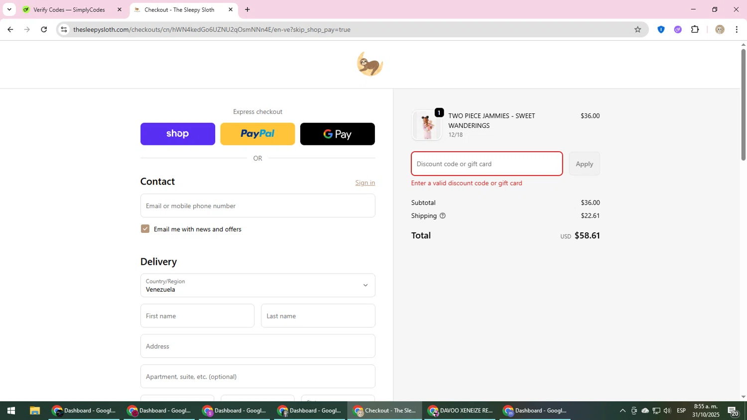 The Sleepy Sloth discount code screenshot showing code TSSTWINS applied at The Sleepy Sloth checkout page. Uploaded by SimplyCodes community member NobleScholar4826 on Oct 31, 2025