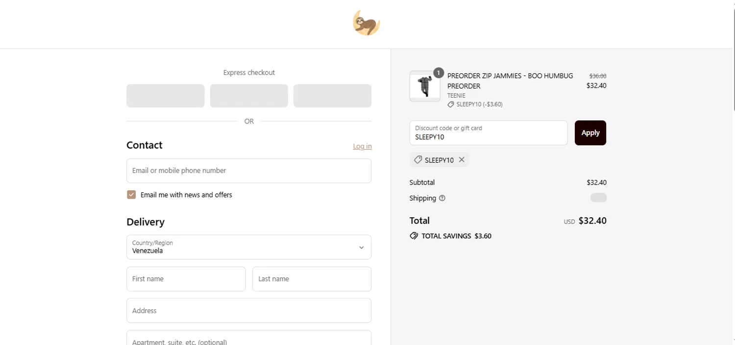 The Sleepy Sloth discount code screenshot showing code SLEEPY10 applied at The Sleepy Sloth checkout page. Uploaded by SimplyCodes community member holasfosi on Jul 21, 2025