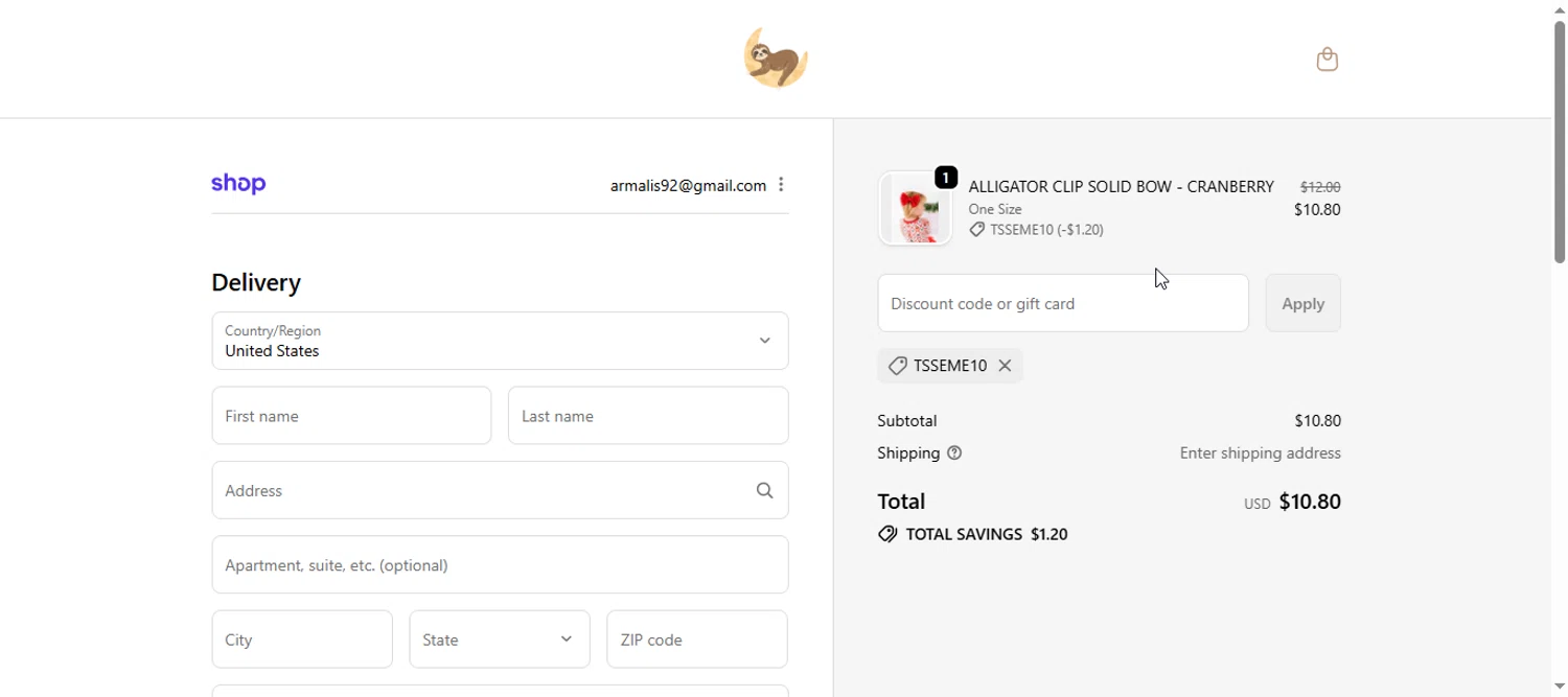 The Sleepy Sloth discount code screenshot showing code TSSEME10 applied at The Sleepy Sloth checkout page. Uploaded by SimplyCodes community member armalissolorzano1 on Nov 11, 2025