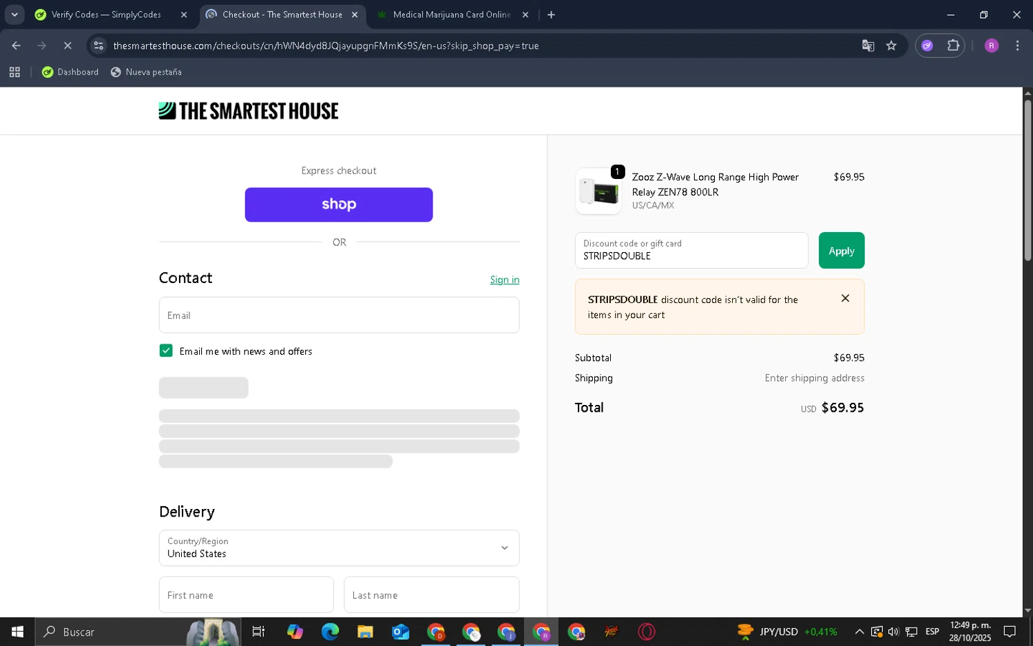 The Smartest House discount code screenshot showing code STRIPSDOUBLE applied at The Smartest House checkout page. Uploaded by SimplyCodes community member Datacodes on Oct 28, 2025