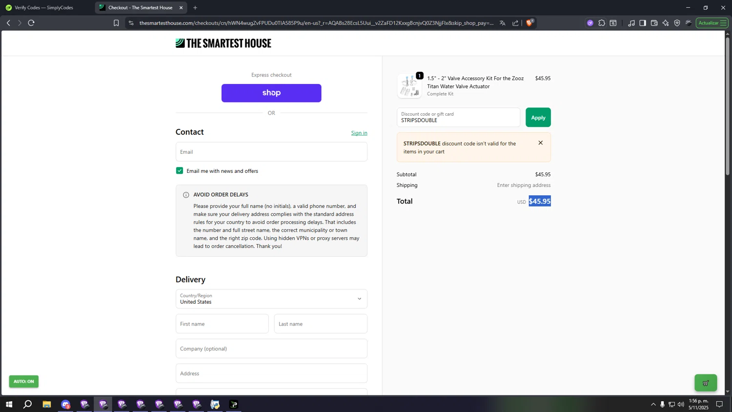The Smartest House discount code screenshot showing code STRIPSDOUBLE applied at The Smartest House checkout page. Uploaded by SimplyCodes community member aaaaaaaaaaaaaaaa on Nov 5, 2025