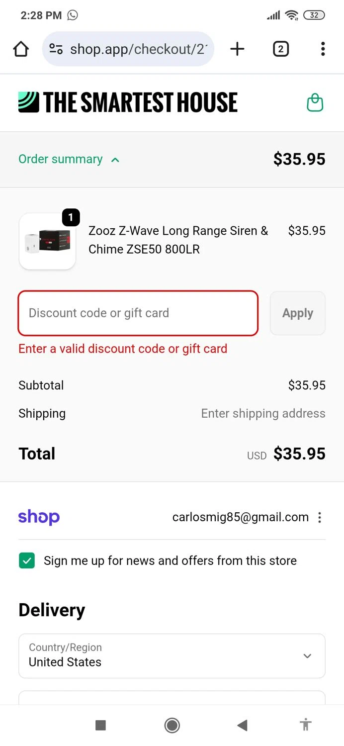 The Smartest House discount code screenshot showing code CODE10 applied at The Smartest House checkout page. Uploaded by SimplyCodes community member MightyBoss9975 on Sep 18, 2025