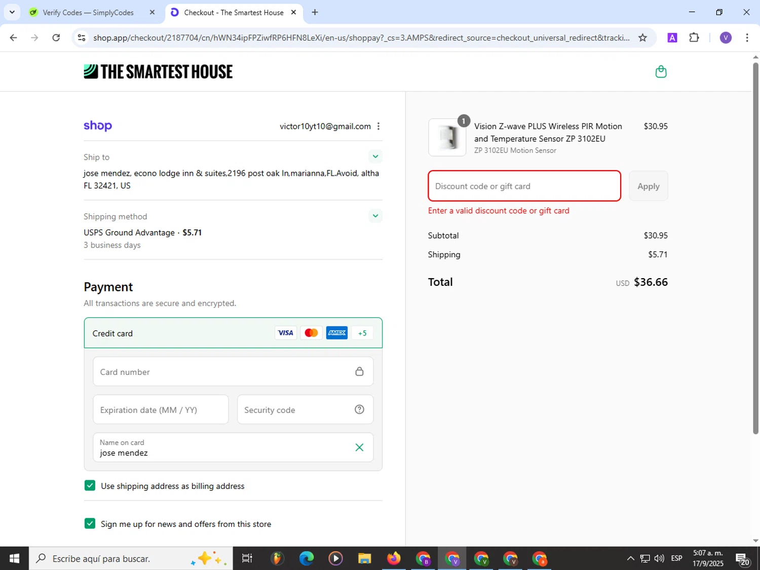 The Smartest House discount code screenshot showing code CODE10 applied at The Smartest House checkout page. Uploaded by SimplyCodes community member Satoru_gojo on Sep 17, 2025
