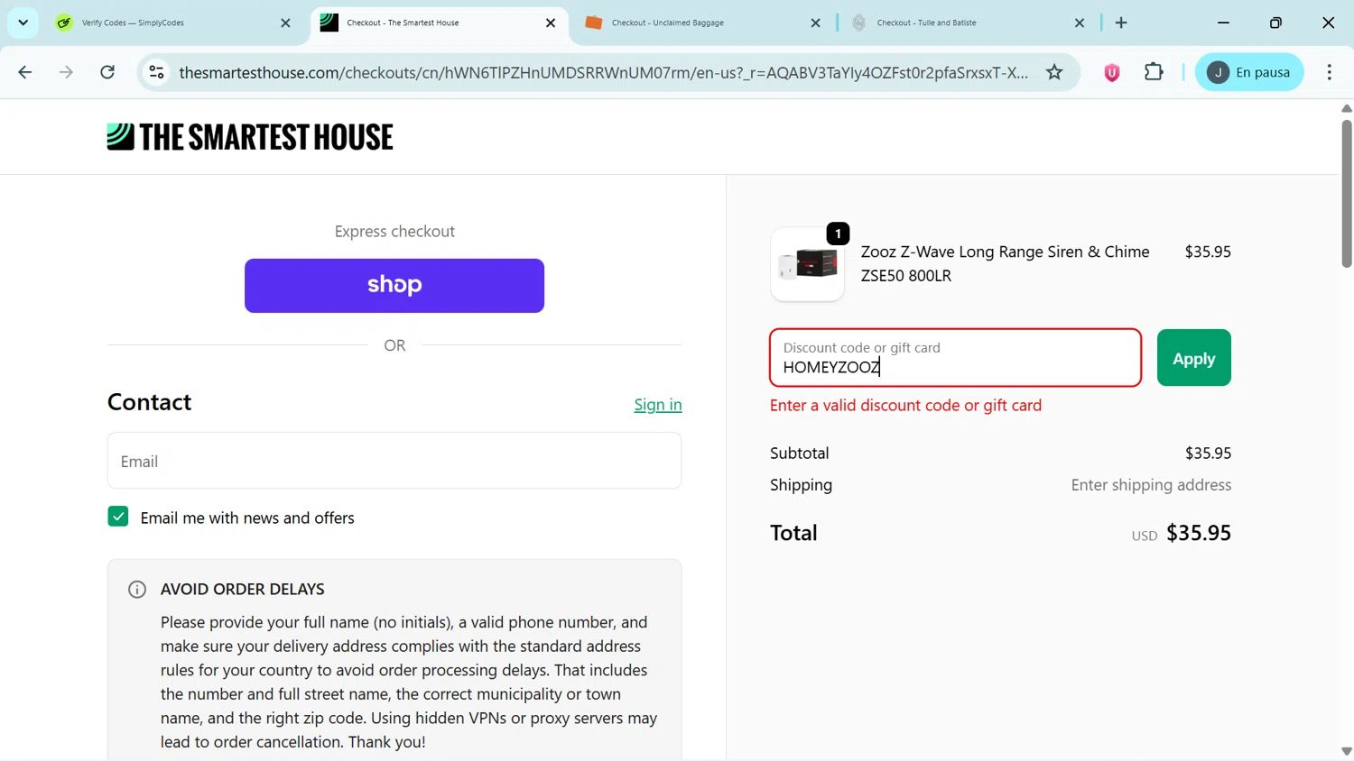 The Smartest House discount code screenshot showing code HOMEYZOOZ applied at The Smartest House checkout page. Uploaded by SimplyCodes community member APOLOMONEY on Dec 16, 2025