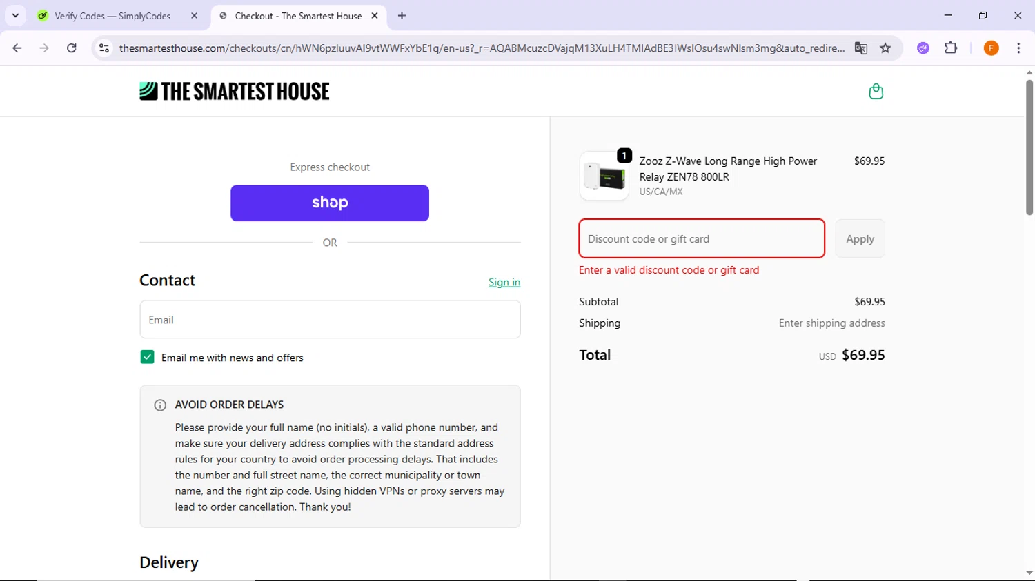 The Smartest House discount code screenshot showing code HOMEY20 applied at The Smartest House checkout page. Uploaded by SimplyCodes community member TreasureSleuth5198 on Dec 25, 2025