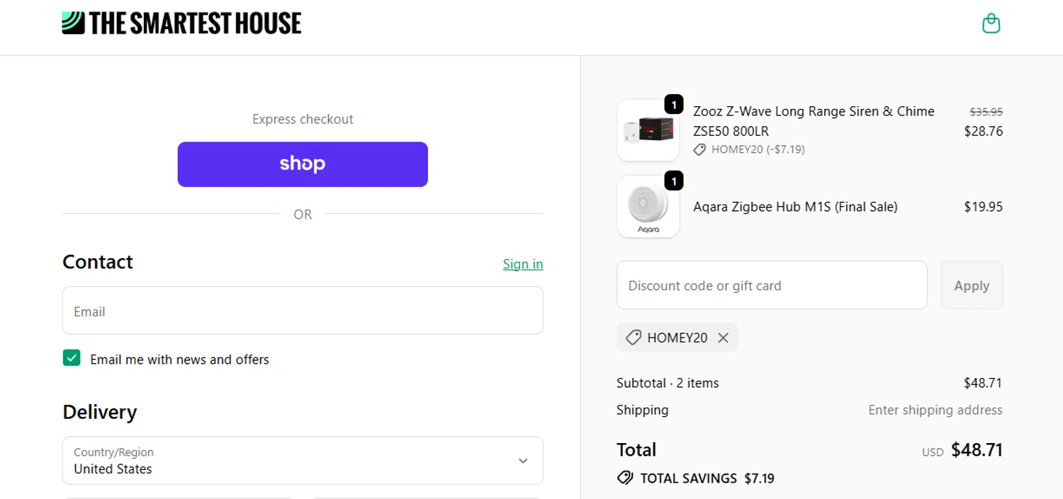 The Smartest House discount code screenshot showing code HOMEY20 applied at The Smartest House checkout page. Uploaded by SimplyCodes community member jesspea on Dec 18, 2025