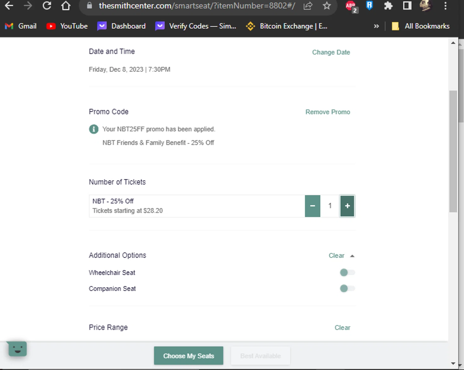 The Smith Center checkout page showing The Smith Center promo code box | Screenshot taken by SimplyCodes community member on Dec 6, 2023