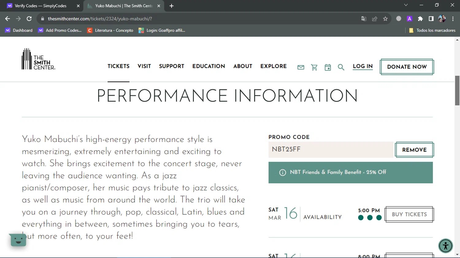 The Smith Center checkout page showing The Smith Center promo code box | Screenshot taken by SimplyCodes community member on Mar 12, 2024