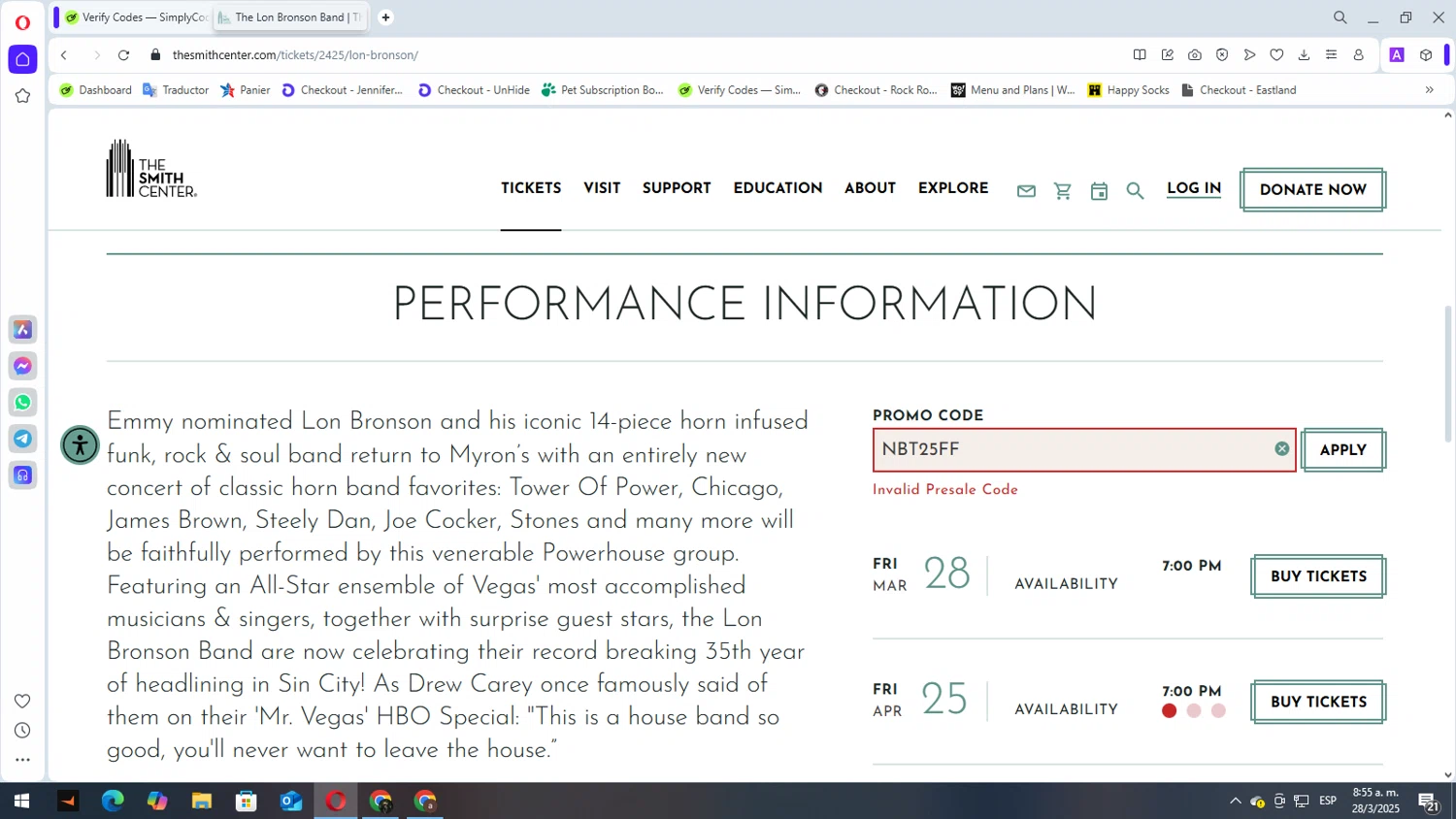The Smith Center promo code screenshot showing code NBT25FF applied at The Smith Center checkout page. Uploaded by SimplyCodes community member elbicho22 on Mar 28, 2025