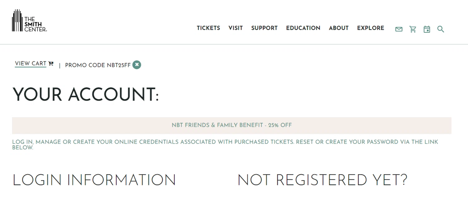 The Smith Center checkout page showing The Smith Center promo code box | Screenshot taken by SimplyCodes community member on Feb 12, 2024