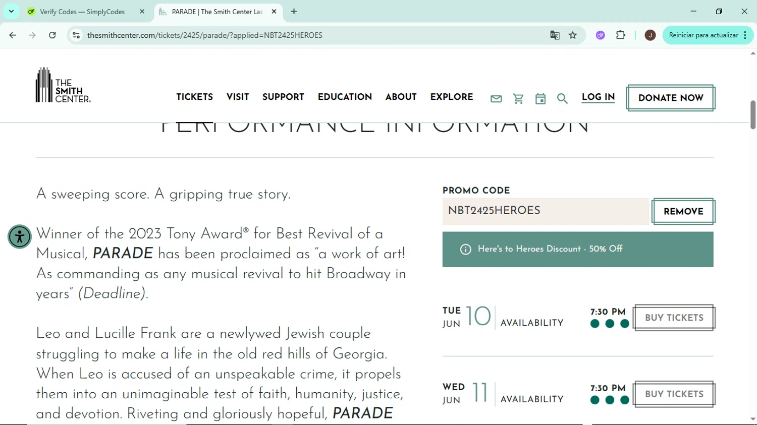 The Smith Center promo code screenshot showing code NBT2425HEROES applied at The Smith Center checkout page. Uploaded by SimplyCodes community member LegendaryAce8627 on Jun 10, 2025