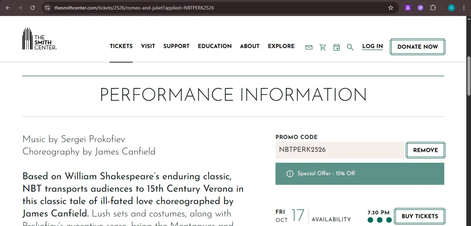 The Smith Center checkout page showing The Smith Center promo code box | Screenshot taken by SimplyCodes community member on Oct 3, 2025