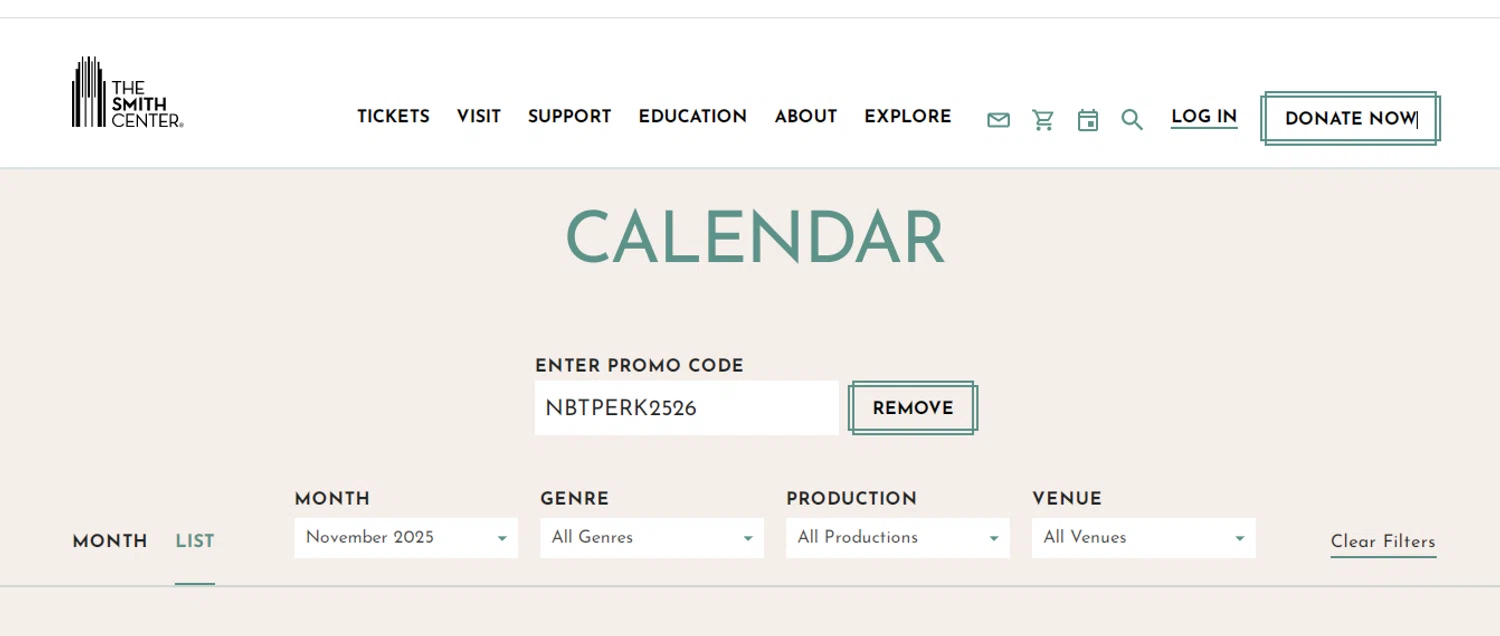 The Smith Center promo code screenshot showing code NBTPERK2526 applied at The Smith Center checkout page. Uploaded by SimplyCodes community member obito1234 on Nov 30, 2025