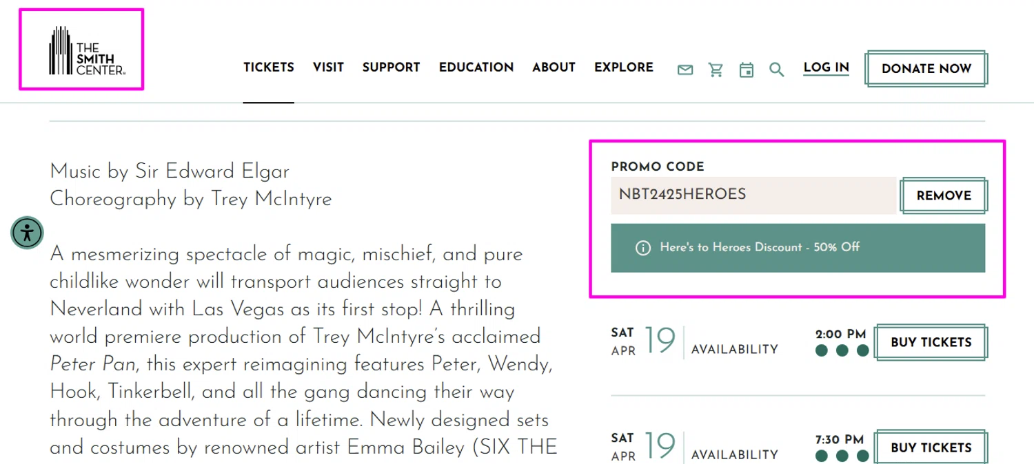 The Smith Center promo code screenshot showing code NBT2425HEROES applied at The Smith Center checkout page. Uploaded by SimplyCodes community member mrdarcy on Apr 13, 2025
