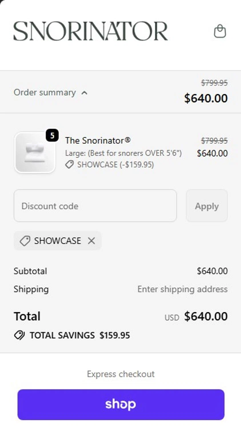 The Snorinator promo code screenshot showing code SHOWCASE applied at The Snorinator checkout page. Uploaded by SimplyCodes community member RonaldoM32 on Nov 5, 2025