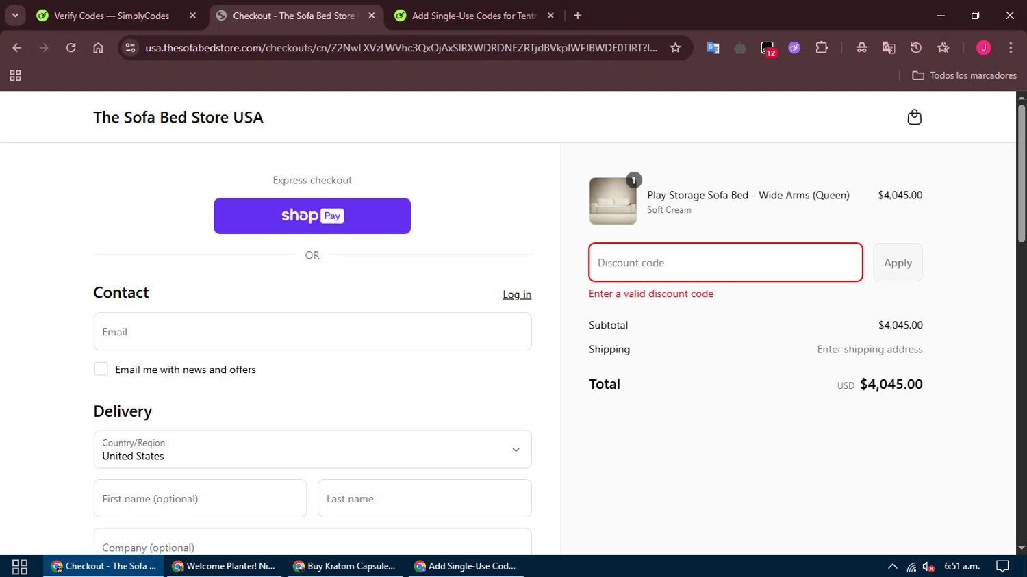 The Sofa Bed Store promo code screenshot showing code Maria5 applied at The Sofa Bed Store checkout page. Uploaded by SimplyCodes community member RebateFox5962 on May 10, 2025
