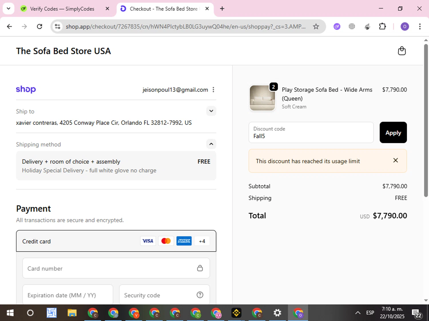 The Sofa Bed Store promo code screenshot showing code Fall5 applied at The Sofa Bed Store checkout page. Uploaded by SimplyCodes community member CleverLynx8245 on Oct 22, 2025
