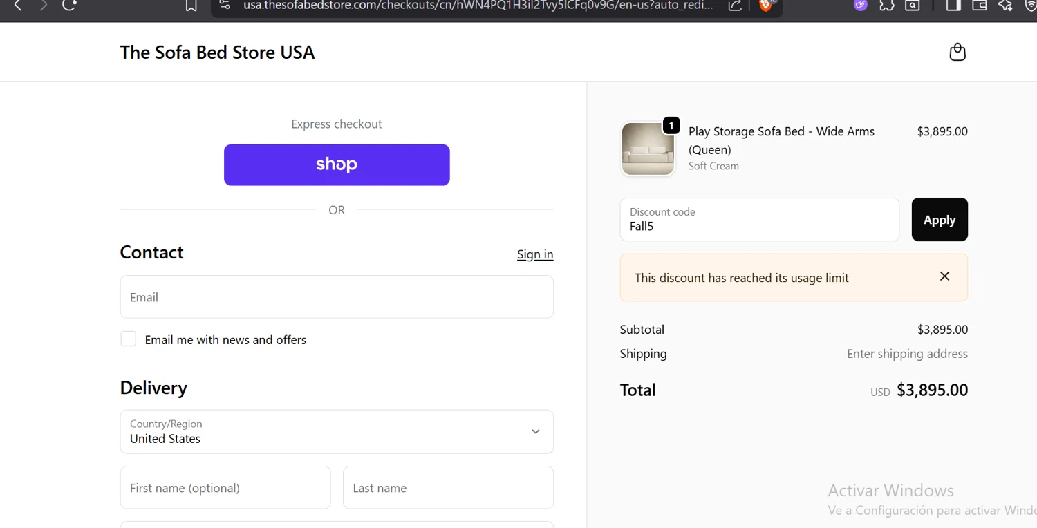 The Sofa Bed Store promo code screenshot showing code Fall5 applied at The Sofa Bed Store checkout page. Uploaded by SimplyCodes community member GloriousTitan3094 on Oct 22, 2025