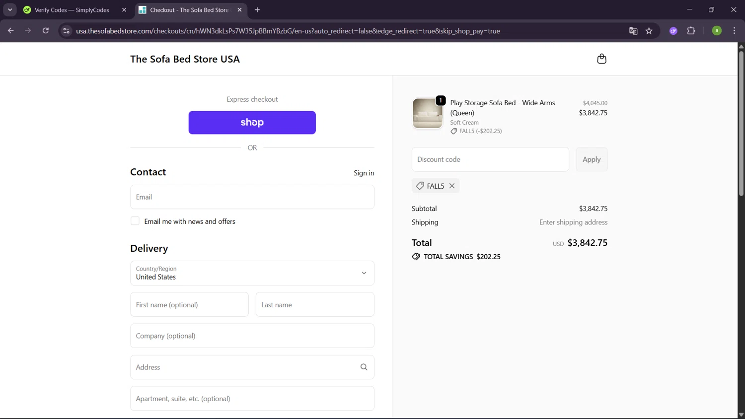 The Sofa Bed Store checkout page showing The Sofa Bed Store promo code box | Screenshot taken by SimplyCodes community member on Oct 2, 2025