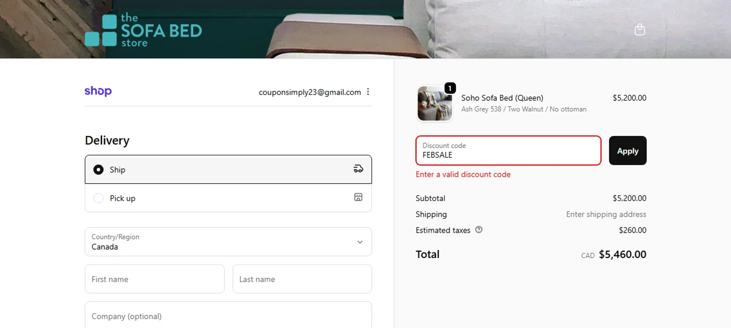 The Sofa Bed Store promo code screenshot showing code FEBSALE applied at The Sofa Bed Store checkout page. Uploaded by SimplyCodes community member Myrulesmagazine23 on Dec 5, 2025
