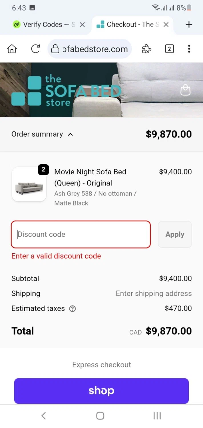 The Sofa Bed Store promo code screenshot showing code FEBSALE applied at The Sofa Bed Store checkout page. Uploaded by SimplyCodes community member menotychire on Dec 5, 2025