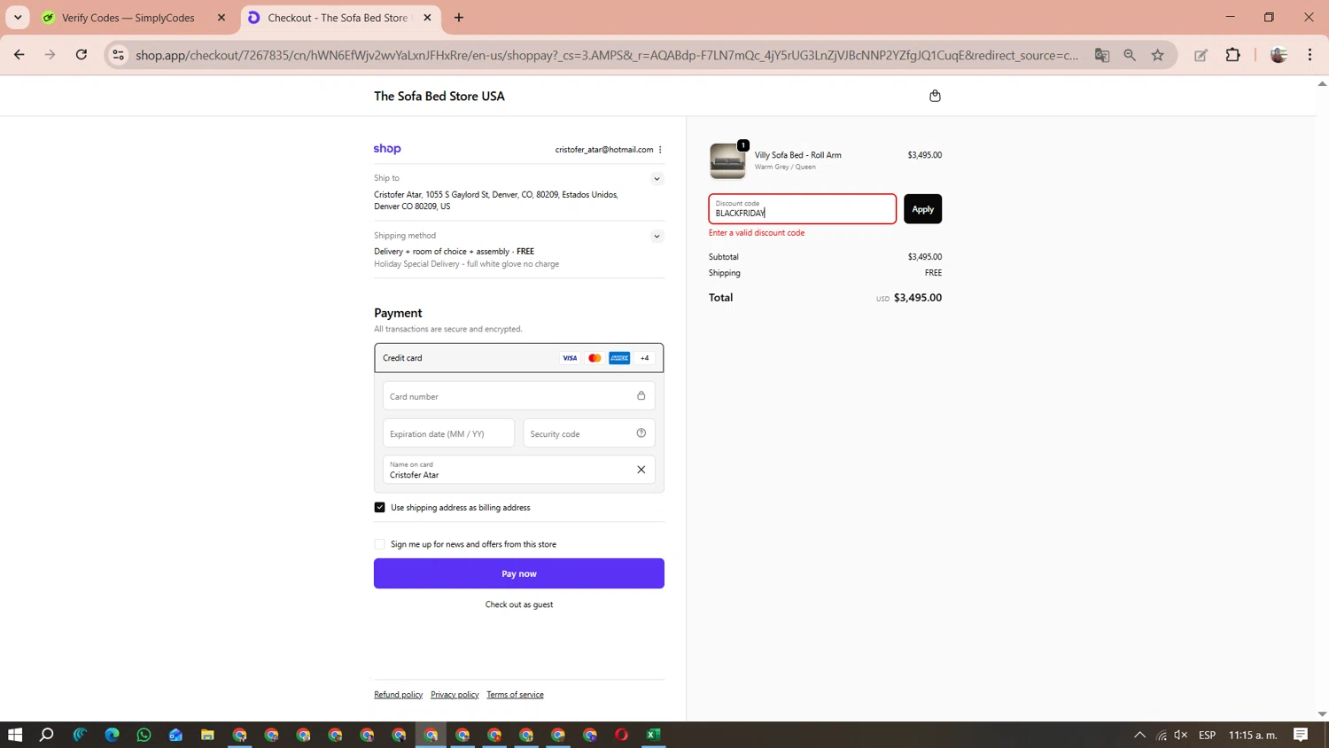 The Sofa Bed Store promo code screenshot showing code BLACKFRIDAY applied at The Sofa Bed Store checkout page. Uploaded by SimplyCodes community member MariAPB on Dec 9, 2025