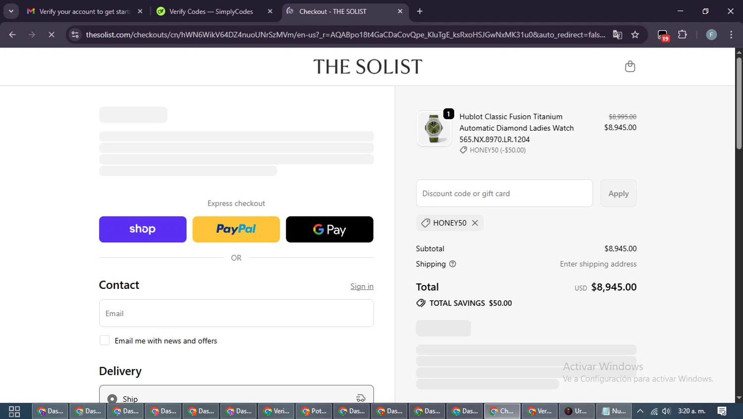 THE SOLIST promo code screenshot showing code HONEY50 applied at THE SOLIST checkout page. Uploaded by SimplyCodes community member DiscountRanger4509 on Dec 17, 2025