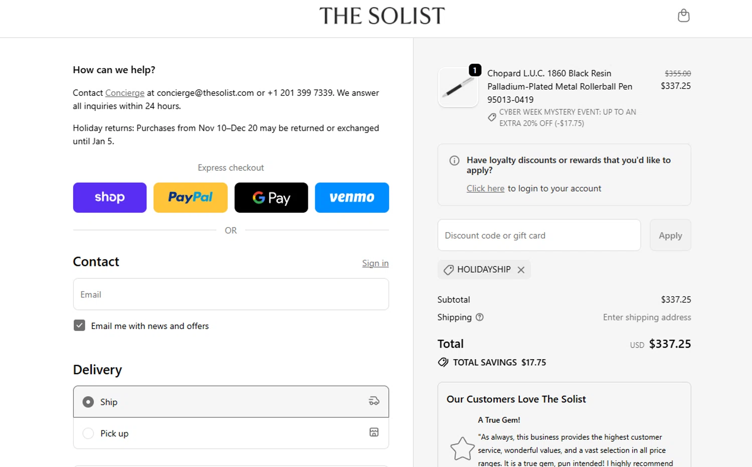 THE SOLIST promo code screenshot showing code HOLIDAYSHIP applied at THE SOLIST checkout page. Uploaded by SimplyCodes community member Aressss on Dec 6, 2025