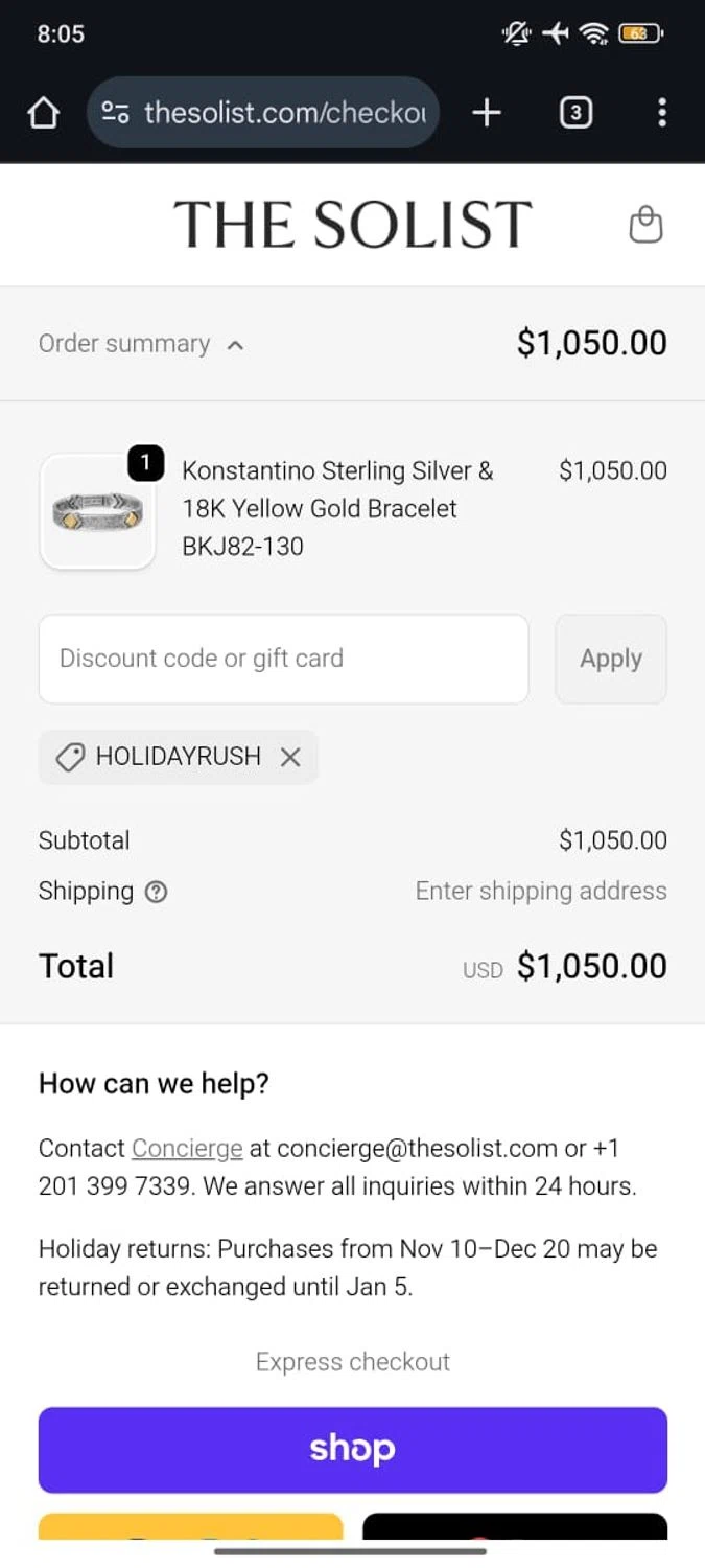 THE SOLIST promo code screenshot showing code HOLIDAYRUSH applied at THE SOLIST checkout page. Uploaded by SimplyCodes community member RoyalSpotter5217 on Dec 6, 2025